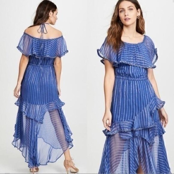 Misa Los Angeles Dresses & Skirts - Misa‎ Los Angeles Dress Blue Gold Medium Ambrosia Ruffle Hem Boho Festival NEW